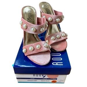 Rouge New Upright Pearl Pink Mauve Velvet Clear Block Heels 7.5 NWT